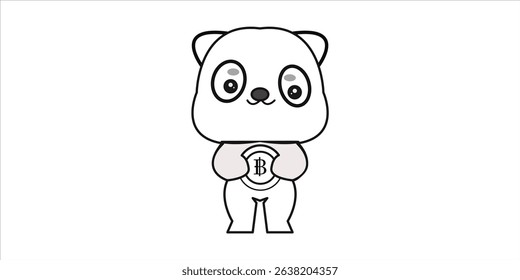 solid cute panda holding bitcoin cartoon mascot concept vector kawaii icon illustration.