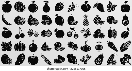 solid design fresh fruits and vegetables for vegetarians vector icon set