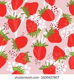 A solid drawing of fresh strawberries. Seamless texture. Pink. Doodle. Red berry - minimal style. Healthy eating. Hand-drawn vector illustration for textile, wallpaper. Handwriting. Black line.