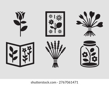 Solid dried flowers preservation icons set showing pressed flowers herbs and botanical drying methods perfect for eco craft and natural themes