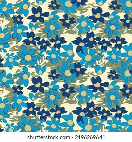 a solid dual-color simple cartoon blooms flower motif random arrangement with bright color background vector illustration full all-over textile and paper print design digital image