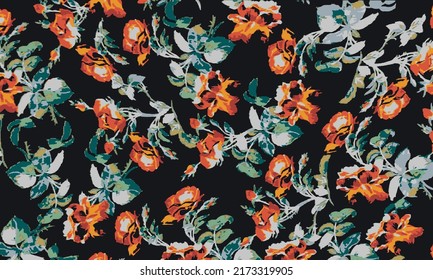a solid dual-color tone abstract flowers with green leaves illustration vector all over textile designs digital image