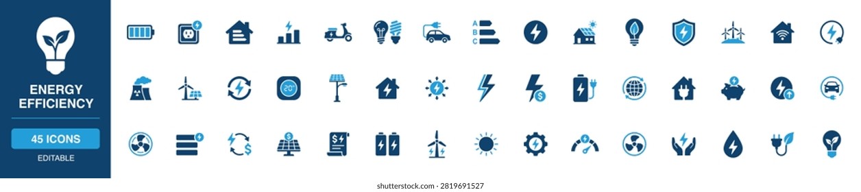 Solid energy efficiency icon set featuring battery, electricity, solar, wind, recycling, smart home, power and savings.