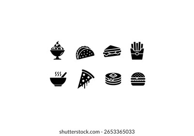 Solid fast food icon set, black silhouette vector of taco, burger, pizza, fries, sandwich, noodles, dessert, and pancake for website design and mobile, app development, Vector solid icons collection