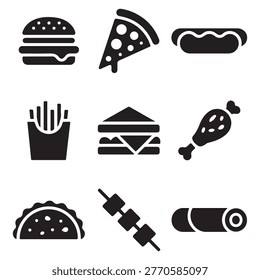 solid fast food restaurant menu icon set vector description for burger fries pizza ordering and food service apps
