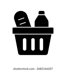 Un icono de relleno sólido de una cesta de la compra con comestibles.
