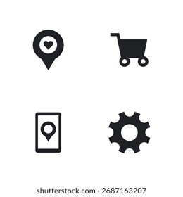 Solid fill icons for e-commerce shopping, location pin, mobile device, and settings.