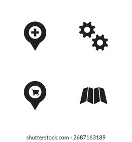 Solid fill icons for location pin, settings gear, map, and destination functions.