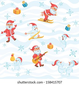 Solid fill seamless Christmas pattern with Santa, snowman and snowflakes. Trimmed at the edges, eps 8 format