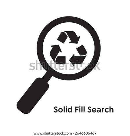 Solid fill search glyph icon with magnifying glass over recycle symbol for waste analysis and eco audit vector illustration design vector solid glyph icon