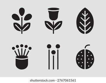 Solid flower anatomy structure icons set showing petals stems roots and botanical parts ideal for education science and plant study visuals