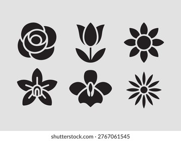 Solid flower types garden flowers icons set including rose tulip daisy and more ideal for gardening themes and floral collections