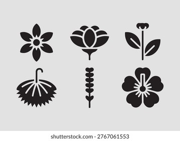 Solid flower types garden flowers icons set featuring common blossoms floral diversity and nature elements for decorative design use