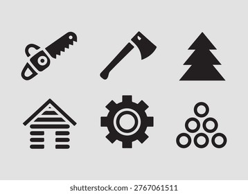 Solid forest industry resources icons set featuring timber production forestry tools and sustainable resource concepts for design use