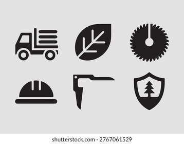 Solid forest industry resources icons set with logging wood processing and natural resource management for industrial and eco themes