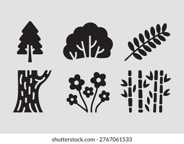 Solid forest plants vegetation icons set featuring wild plants foliage diversity and organic greenery for environmental visuals