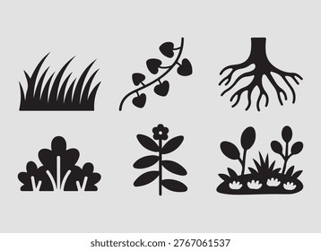 Solid forest plants vegetation icons set showing greenery shrubs and natural flora ideal for landscape and ecological design projects