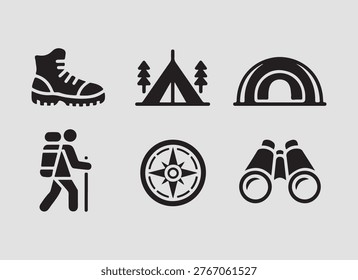 Solid forest travel adventure icons set featuring nature trips camping gear and exploration symbols for adventure themed projects