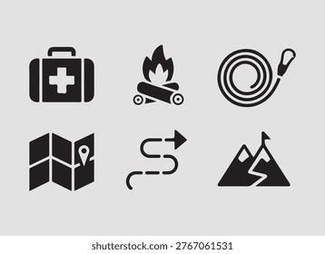 Solid forest travel adventure icons set with camping hiking trails and outdoor exploration elements perfect for tourism design use