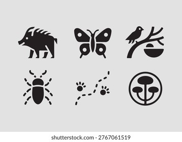 Solid forest wildlife habitat icons set featuring natural habitats animal shelters and ecosystem balance elements for design