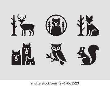 Solid forest wildlife habitat icons set with animals nests trees and ecosystems ideal for biodiversity and conservation visuals
