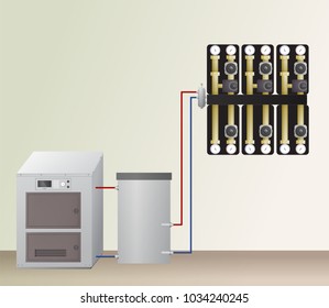 Solid fuel boiler with accumulator tank in the heating system. Vector illustration. HVAC equipment and pump units. Hydraulic strapping.