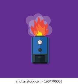 solid fuel boiler is burning, fire damaged solid fuel boiler.Conceptual vector illustration in flat style design.Isolated on background.