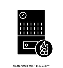 Solid fuel boiler glyph icon. House central heater. Firewood boiler. Heating system. Silhouette symbol. Negative space. Vector isolated illustration