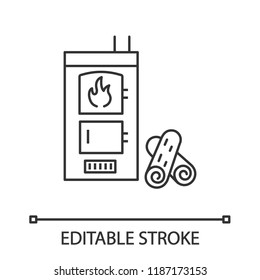 Solid fuel boiler linear icon. House central heater. Thin line illustration. Firewood boiler with two chambers. Heating system. Contour symbol. Vector isolated outline drawing. Editable stroke