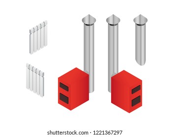 Solid fuel boiler with a metal pipe, a radiator in isometry.