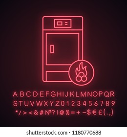 Solid fuel boiler neon light icon. House central heater. Firewood boiler. Heating system. Glowing sign with alphabet, numbers and symbols. Vector isolated illustration