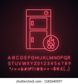 Solid fuel boiler neon light icon. House central heater. Firewood boiler. Heating system. Glowing sign with alphabet, numbers and symbols. Vector isolated illustration