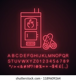 Solid fuel boiler neon light icon. House central heater. Firewood boiler with two chambers. Heating system. Glowing sign with alphabet, numbers and symbols. Vector isolated illustration