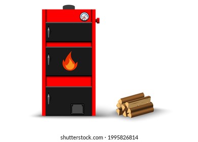 Solid fuel boiler on a white background. Water heating boiler and firewood. Vector illustration.