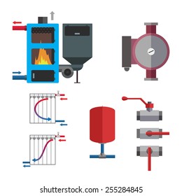 Solid fuel boiler and plumbing set. Some equipment for boiler room. Vector illustration.