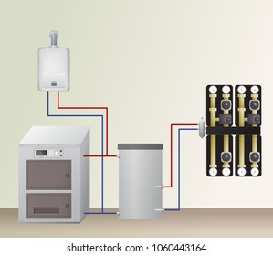 Solid and gas fuel boiler with accumulator tank in the heating system. Vector illustration. HVAC equipment and pump units. Hydraulic strapping.