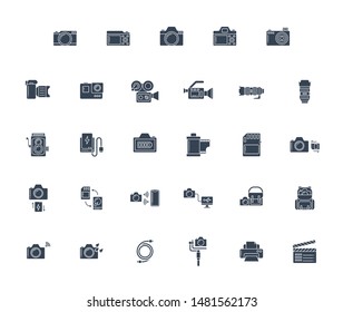 Solid or glyph design icon set of photography camera, cinema or movie camera, action camera and accessories concept. 128x128 pixel perfect icon when downsize to 1468x1240.