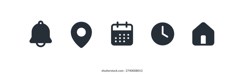 Solid Glyph Event and Contact Icon Set. Filled Symbols for Time, Date, Address, Notification and Home.