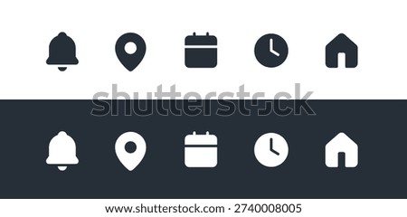 Solid Glyph Event and Contact Icon Set. Filled Symbols for Time, Date, Address, Notification and Home.