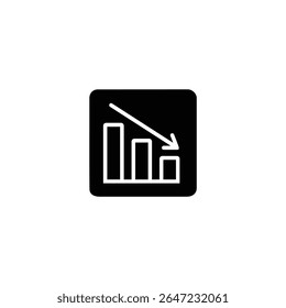 A solid glyph icon of a bar chart with a downward trend in negative space. Symbol for decreasing statistics or financial loss.