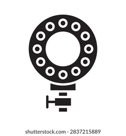 Solid glyph icon of a continuous ring light on a tripod stand. Vlogging and portrait lighting symbol.
