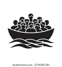 Solid glyph icon depicting boat filled with people representing refugees immigrants asylum seekers mass migration and humanitarian crisis transport concepts