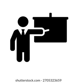 A solid glyph icon depicting a business professional in a suit giving a presentation, pointing towards a blank projection screen for a lecture or seminar