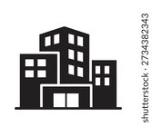 Solid glyph icon depicting group of city buildings representing urban landscape downtown architecture and office center concepts