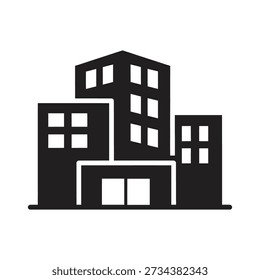Solid glyph icon depicting group of city buildings representing urban landscape downtown architecture and office center concepts