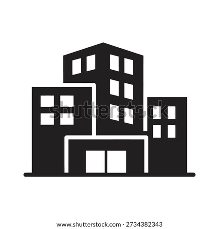 Solid glyph icon depicting group of city buildings representing urban landscape downtown architecture and office center concepts