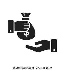 Solid glyph icon depicting hand holding money bag representing payment bribery loan disbursement and financial transaction concepts