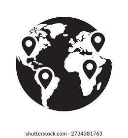 Solid glyph icon depicting hand touching point on globe representing destination selection travel planning global reach and interactive map concepts