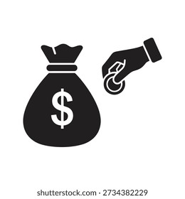Solid glyph icon depicting hand putting coin into money bag representing savings deposit investment and wealth accumulation concepts