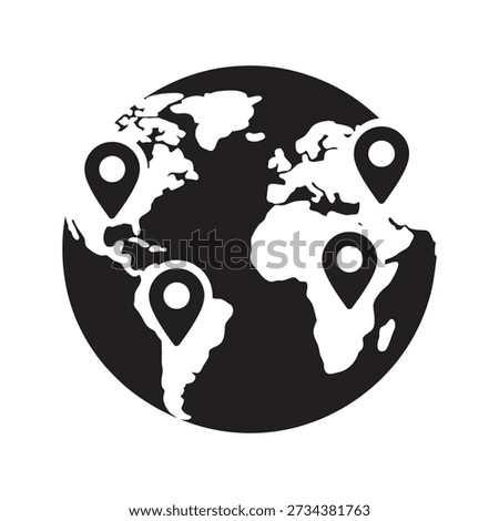 Solid glyph icon depicting hand touching point on globe representing destination selection travel planning global reach and interactive map concepts